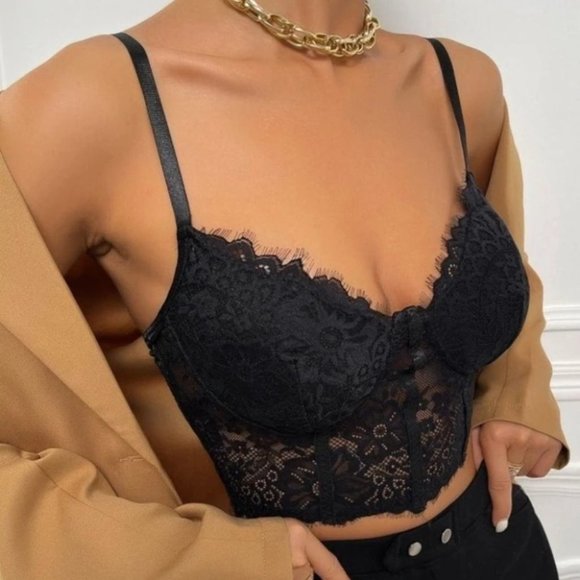 Contemporary Floral Lace Cropped Sexy Corset Cami Top black - Picture 3 of 6